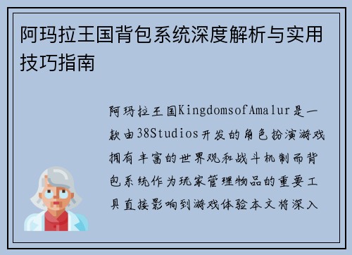 阿玛拉王国背包系统深度解析与实用技巧指南